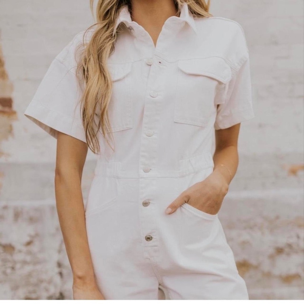 Free People Marci White Denim Cotton Utility Jumpsuit Coveralls XS - Picture 2 of 6